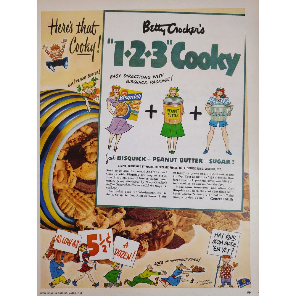 1950 Betty Crocker 1-2-3 Cooky Jar Drawings of Excited Family - Vtg Print Ad‎